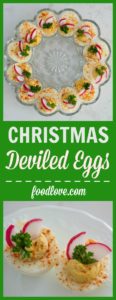 Start a healthier holiday food tradition with Christmas deviled eggs! Deviled eggs get dressed up for the holidays with red and green garnishes.