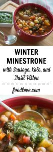 Winter minestrone with sausage, kale, and basil pistou is one of our favorite soups for cold weather. It's loaded with bold flavors and healthy veggies.