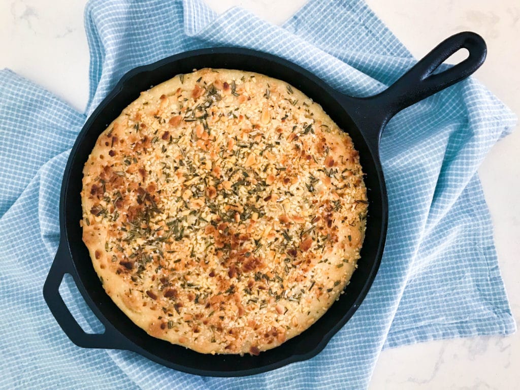 No-Knead Skillet Focaccia with Rosemary and Pine Nuts
