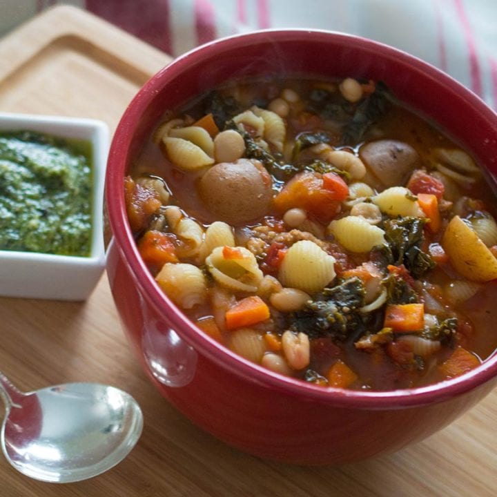 Instant Pot Minestrone with Sausage, Kale, and Pesto Topping | FoodLove.com