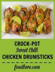 Chicken drumsticks cook up tender and flavorful in the slow cooker, with a Thai-inspired sweet chili marinade and a tangy chili-lime dipping sauce.