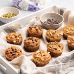 tray of almond flour muffins with chocolate chips and nuts