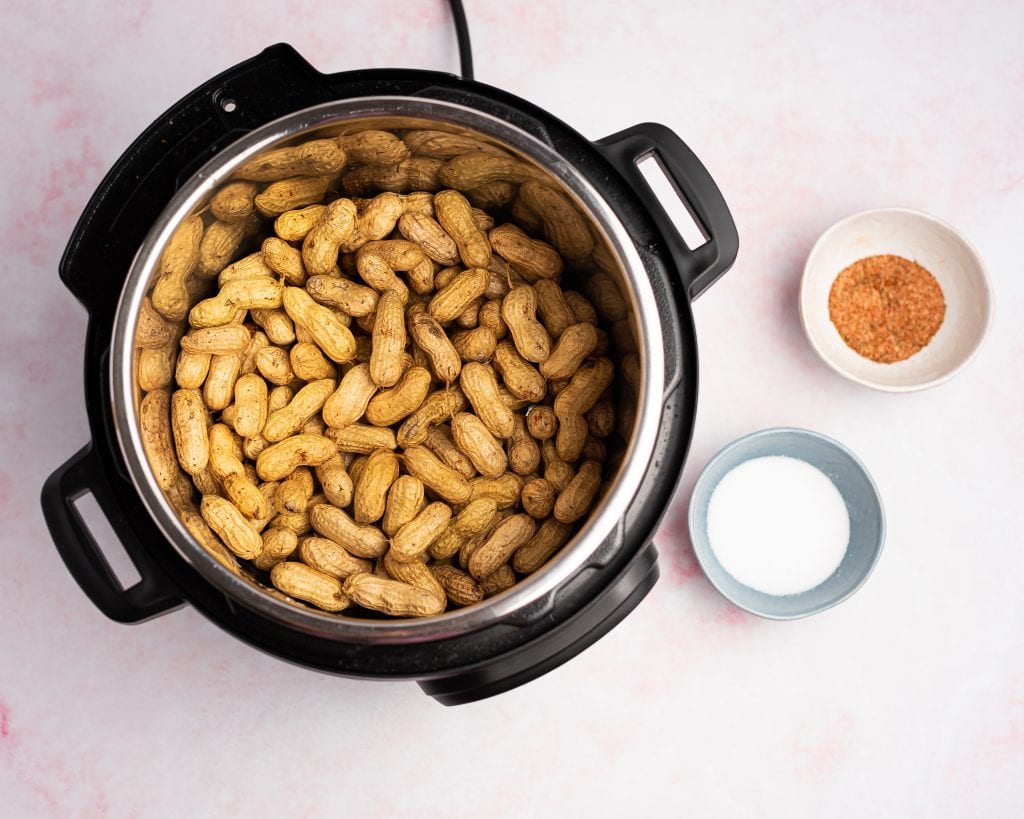 whole peanuts in an Instant Pot with a bowl of salt and a bowl of cajun seasoning on the side