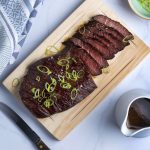 flank steak with scallions on a wooden cutting board